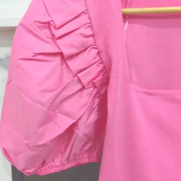 ZARA  | Women's Pink Square Neck Puffed Sleeve Crop Top - Picture 4 of 5
